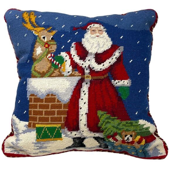 Needlepoint Christmas Throw Pillow Traditional Santa Reindeer Rooftop Toys Tree - Picture 1 of 9